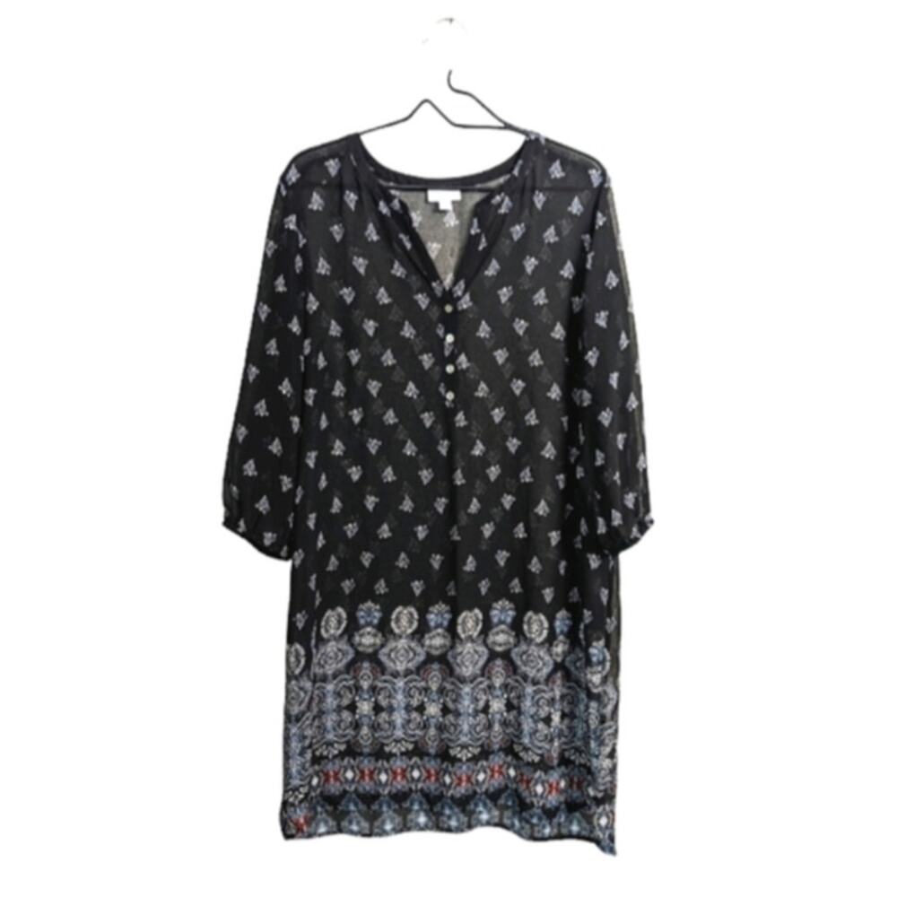 J.Jill Black Geo Boho Shift Dress Lightweight Sheer Long Sleeve Beach Travel L